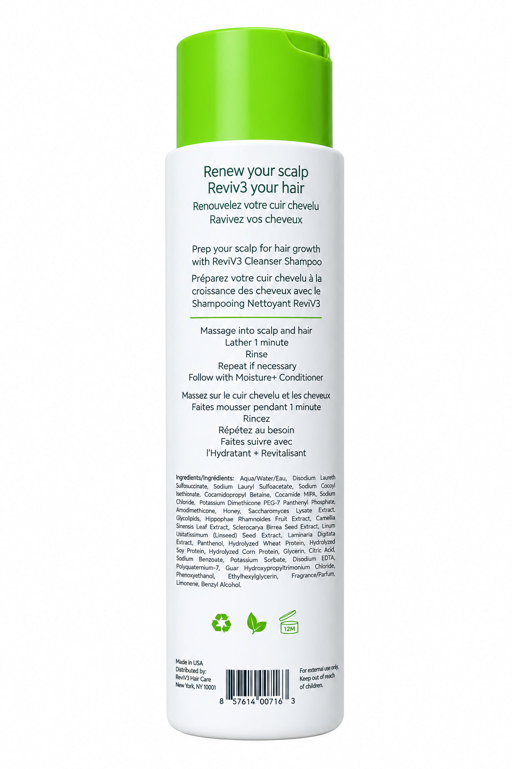 Back label and directions of ReVive Procare ReviV3 Cleanser Shampoo bottle