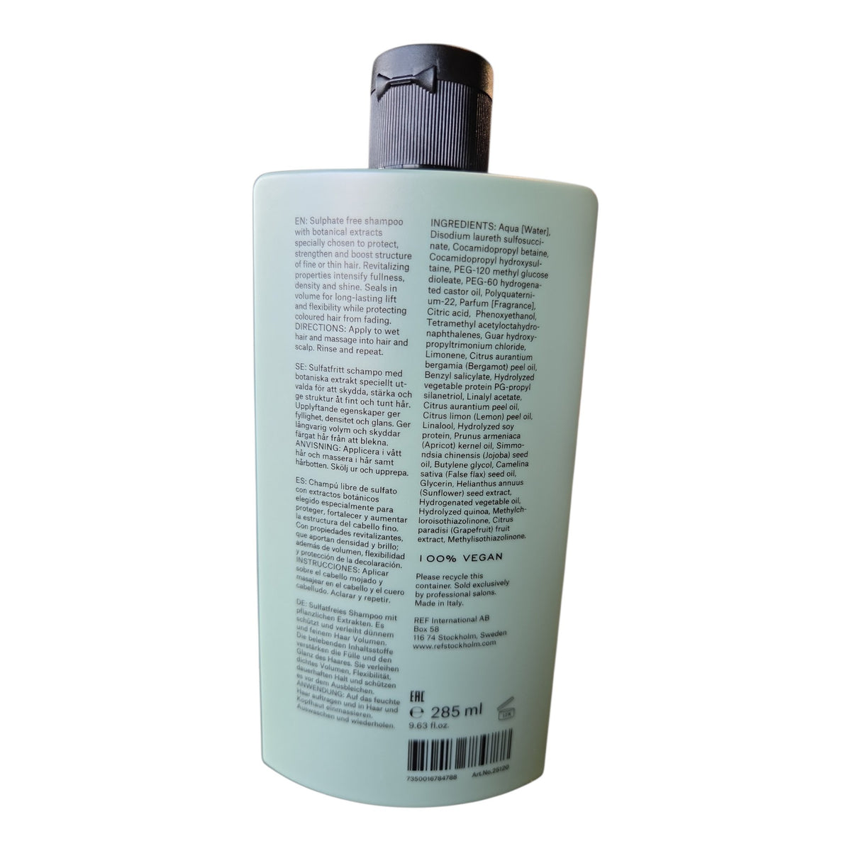 REF Weightless Volume Shampoo 285 ml bottle, back label and directions